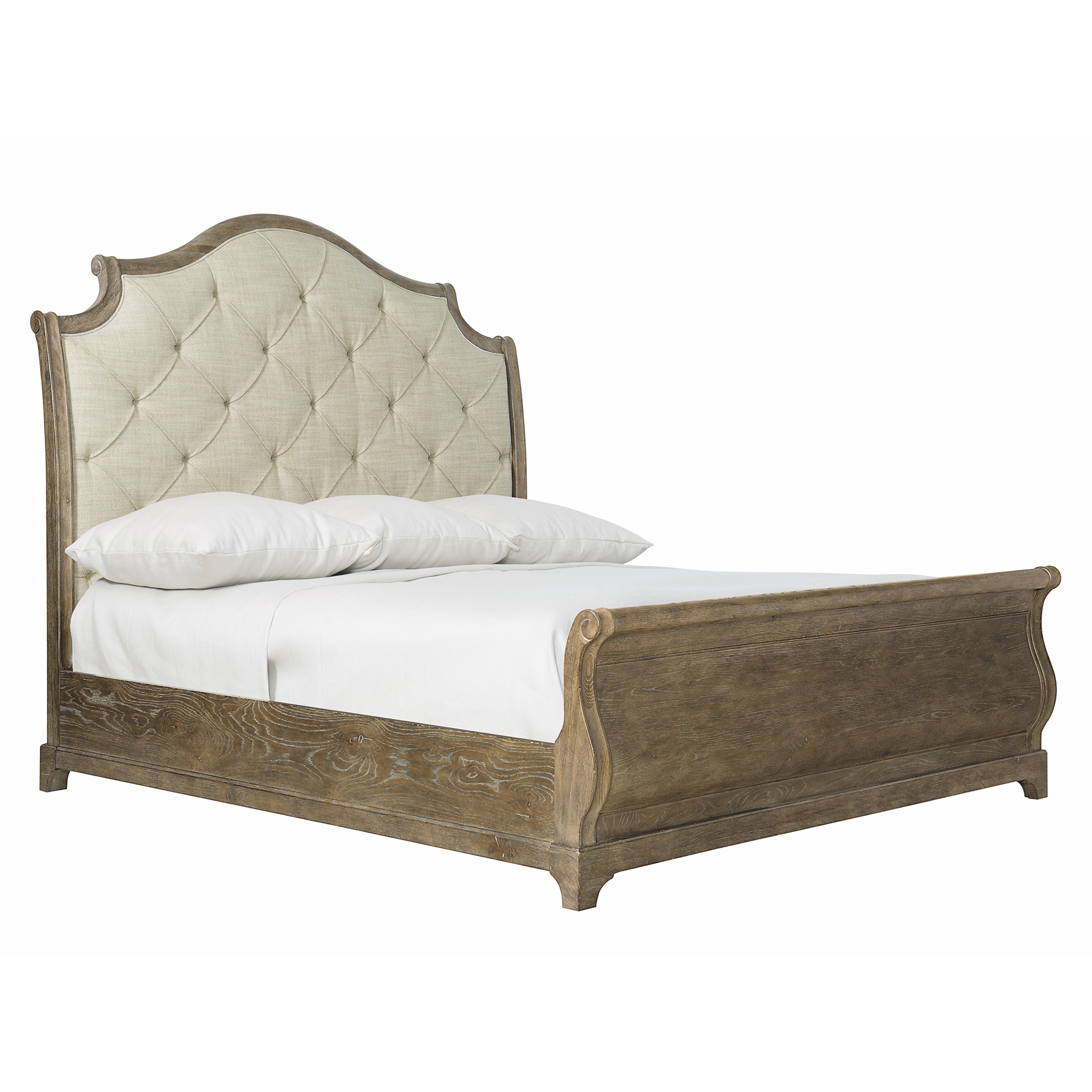 Rustic Patina Upholstered King Sleigh Bed in Peppercorn Finish