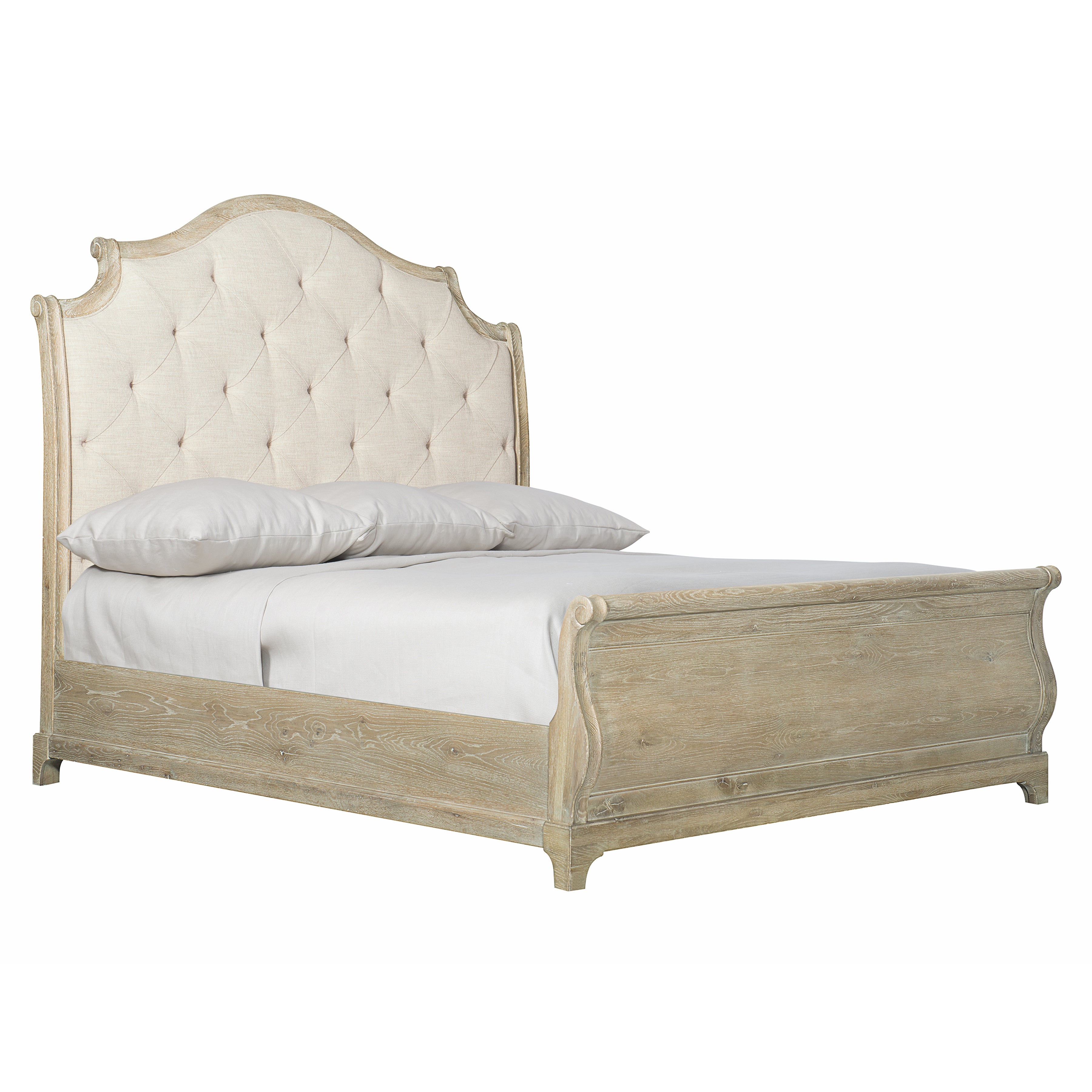 Rustic Patina Upholstered King Sleigh Bed in Sand Finish