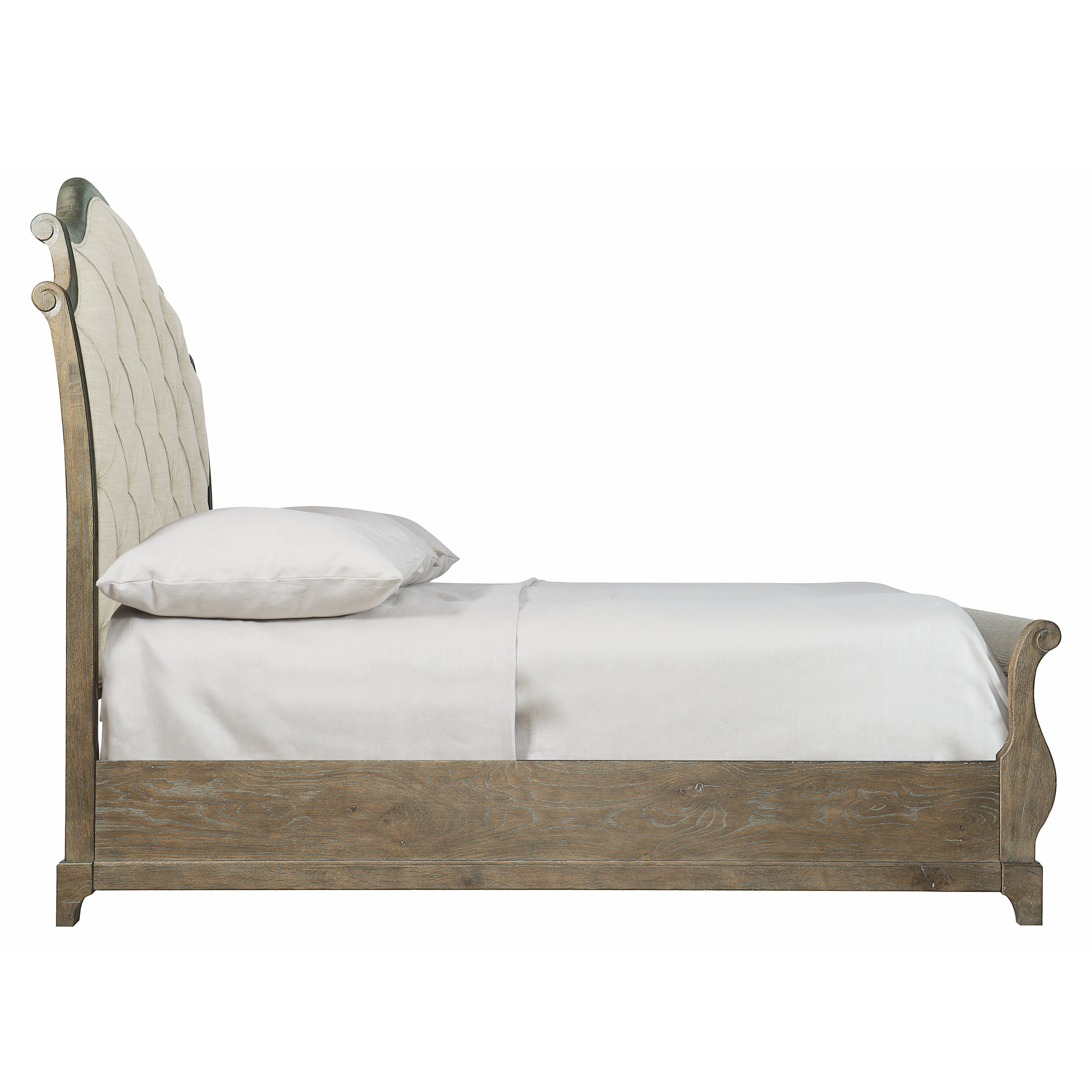 Rustic Patina Upholstered King Sleigh Bed in Peppercorn Finish