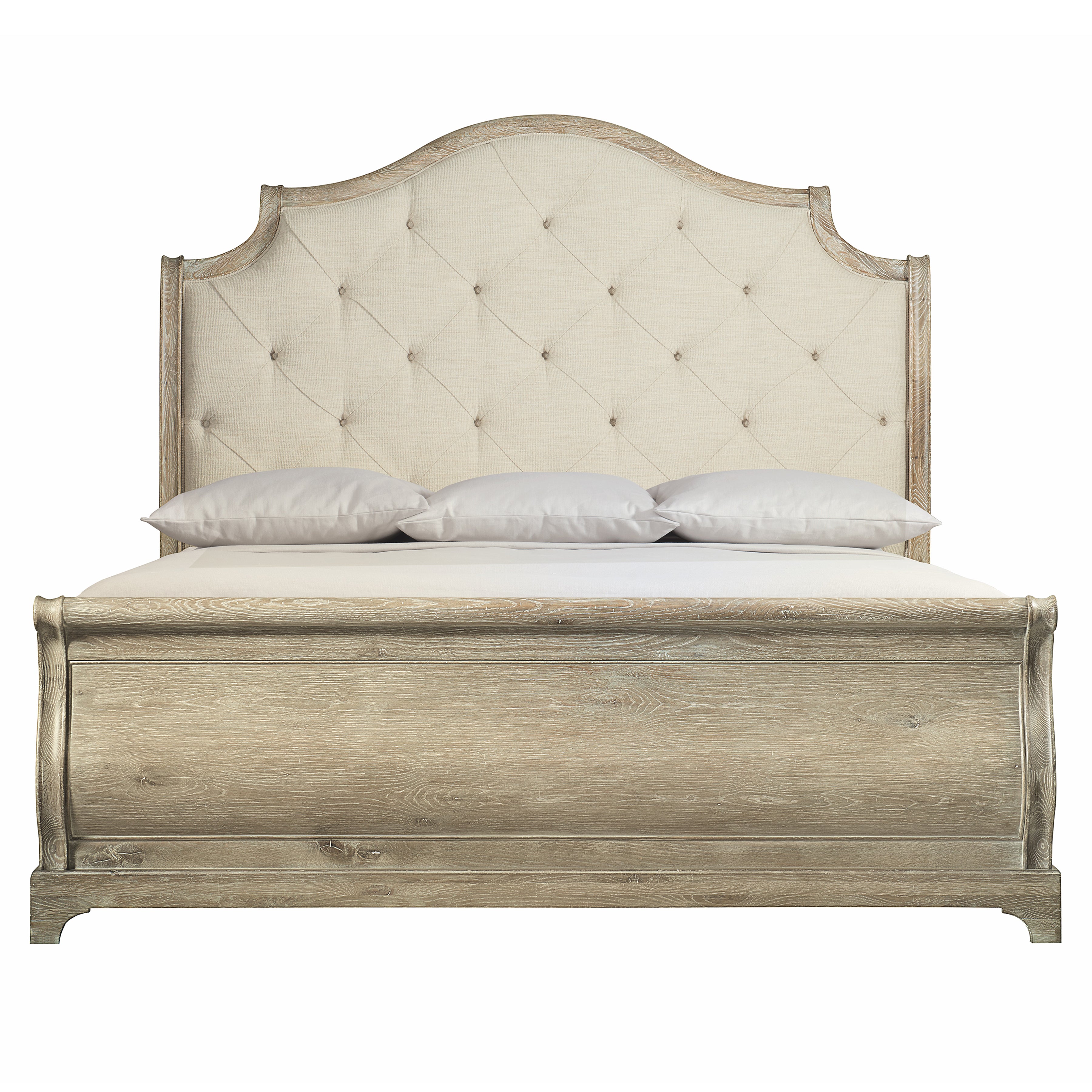 Rustic Patina Upholstered King Sleigh Bed in Sand Finish